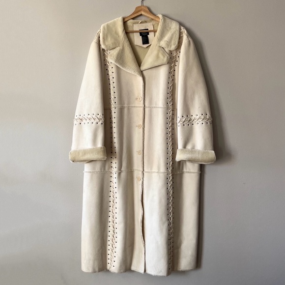 Vintage Jackets & Blazers - Vintage Dennis Basso long faux shearling coat in ivory cream • Size 3X